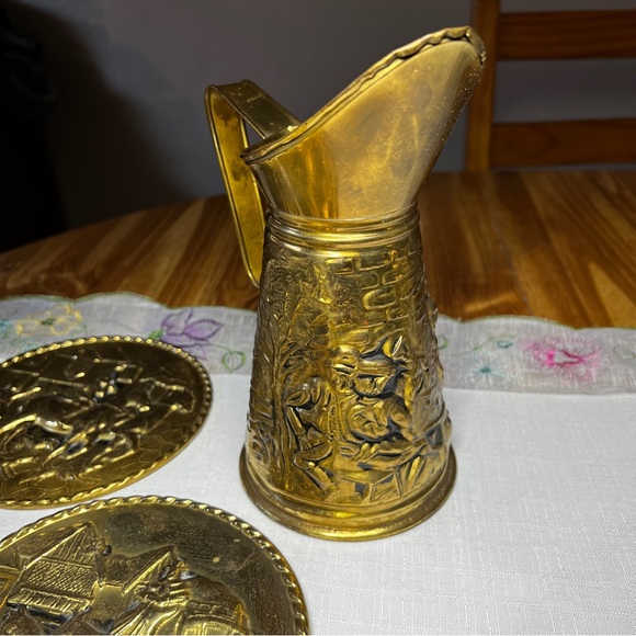 Accents Vintage Repouss English Cottage Embossed Brass Water Pitcher